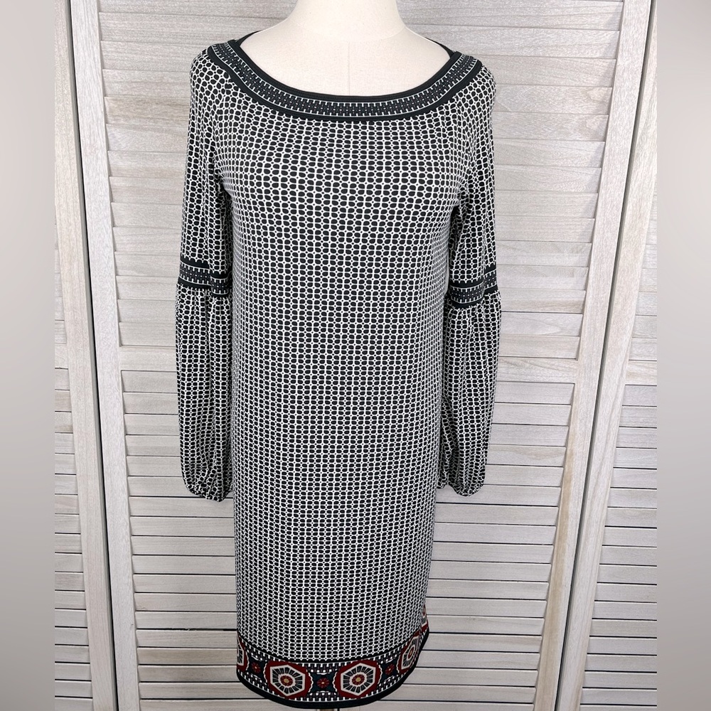 MAX STUDIO Bishop Sleeve Shift Dress Black & White Mosaic/Floral Print-Small